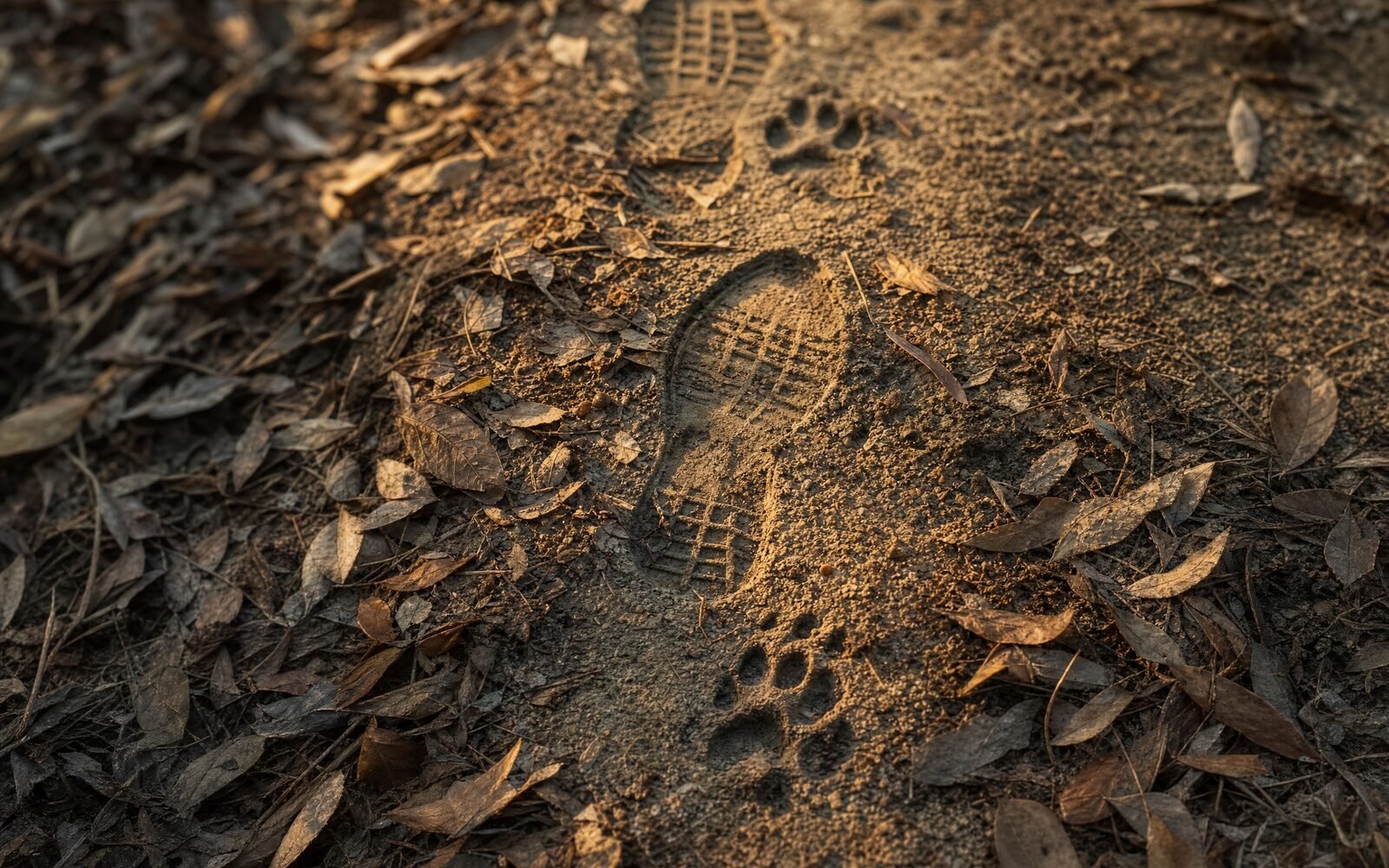 Impronte canine e di scarponi affiancate su terreno asciutto.