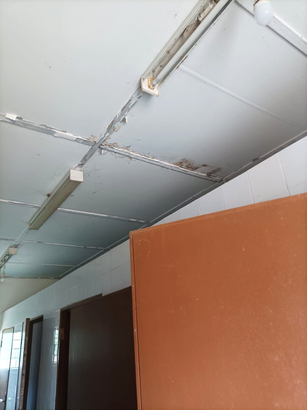 Controsoffitto con pannelli scollegati e plafoniere in un locale del centro.